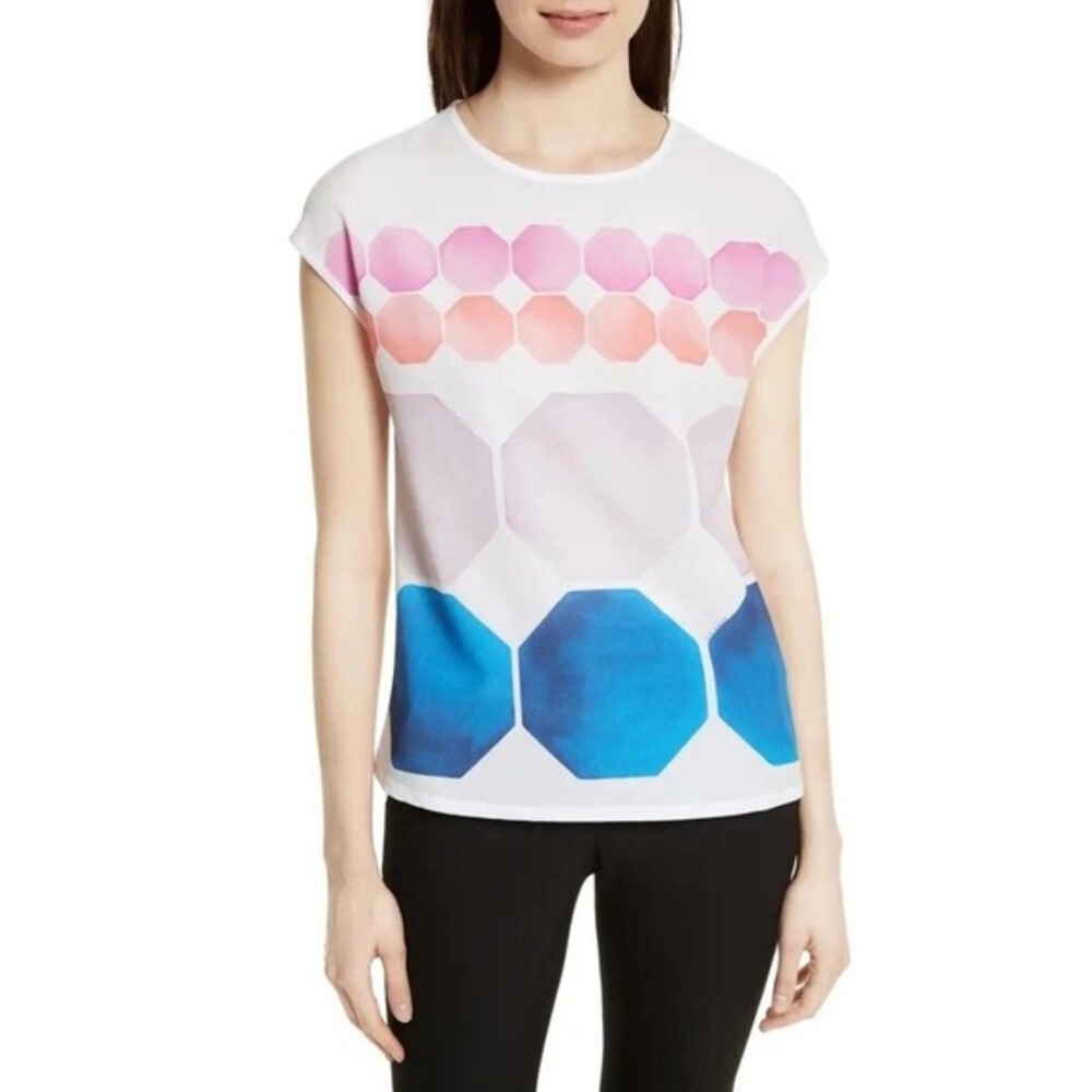 Ted Baker Rozey Mixed Media T-Shirt Size 5 or US 12 White Geometric‎ Lightweight